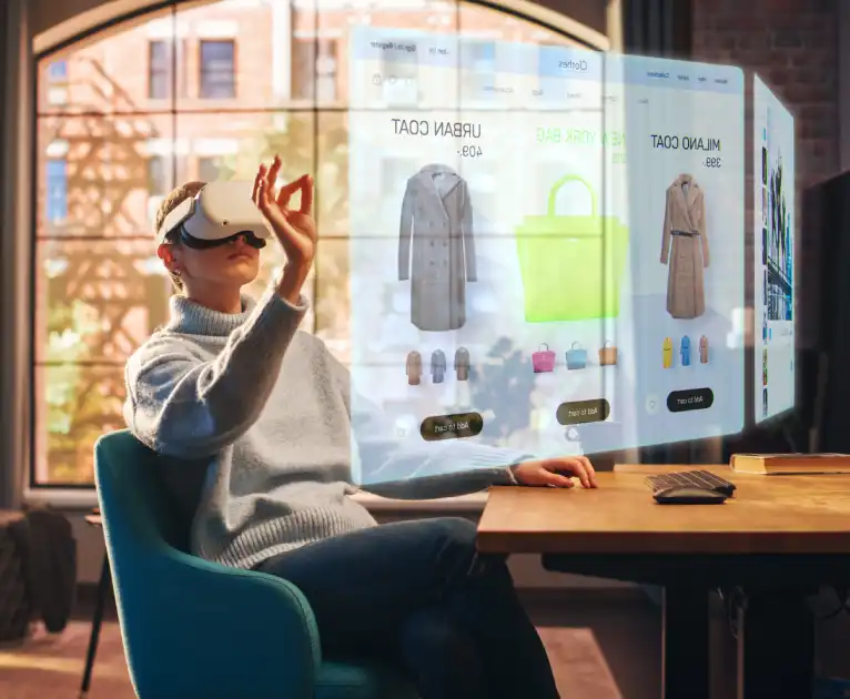Das Bild zeigt eine Frau beim virtuellen Shoppen mit einer VR-Brille